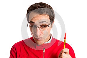 Portrait of a student with its pen, isolated on white