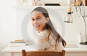 Portrait, student or teenager with education, bedroom or learning with ideas or research for a project. Face, person and