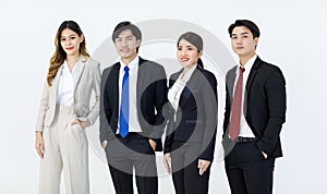 Portrait studio full body shot Asian young professional successful male female businessmen businesswomen management group in