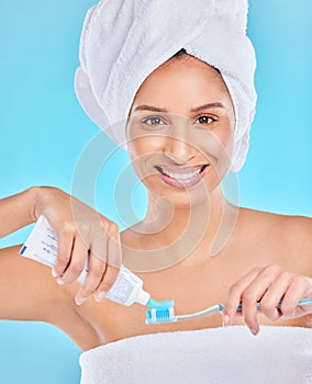 Portrait, studio or happy woman brushing teeth with dental toothpaste for healthy oral hygiene. Product, morning or face