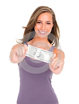 Portrait, studio and woman with dollar smile from competition, winnings and prize of cash. Female person, happiness and