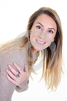 Portrait studio young happy woman long hairs looks in camera