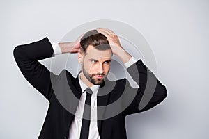 Portrait of stunning company owner entrepreneur man touch hygiene hair enjoy anti dander shampoo effect he prepare photo