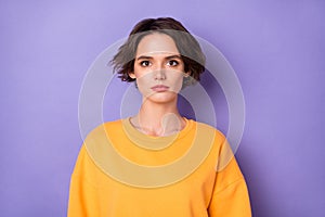 Portrait of stunning young person content calm face look camera isolated on pastel purple color background