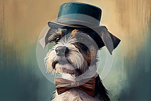 Portrait of a stylish dog in a hat and tailcoat drawn with paints. AI Generated