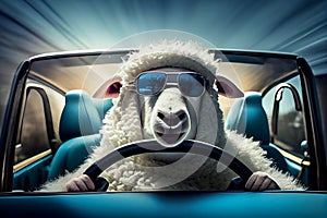 Portrait of a stylish driver sheep driving a car. AI generated