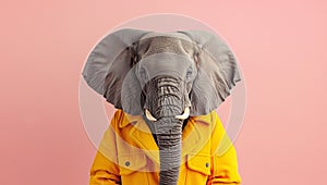 Portrait of stylish funny elephant in yellow suit on a pink background, animal, creative concept