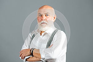 Portrait of stylish man bearded man with grey moustache and beard. Barber shop barbershop concept.