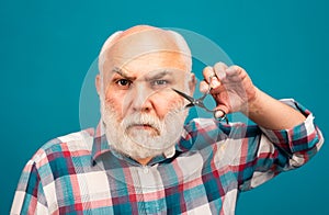 Portrait of stylish man bearded man with grey moustache beard hold barber scissors. Bearded man, bearded male.