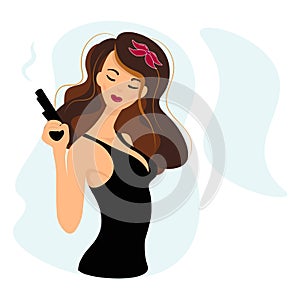 Portrait of stylish woman gangster. Confident Girl with a Gun. Vector illustration isolated with place for text