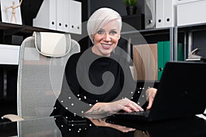 Portrait of Stylish woman working with laptop in office
