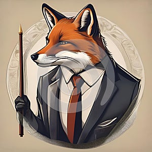 A portrait of a suave fox in a tailored suit and tie, holding a walking stick1