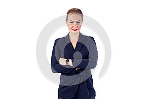 Portrait of successful and beautiful business woman blonde hairstyle perfect make-up red lips in stylish black suit with