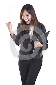 Portrait successful business woman raised hands and celebrate achievement goal isolated over a white background