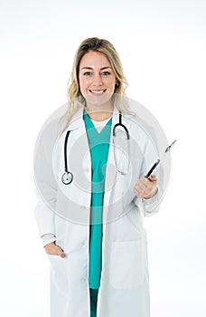 Portrait of successful smiling female doctor with stethoscope and clipboard isolated on white