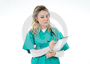 Portrait of successful smiling female doctor with stethoscope and clipboard isolated on white