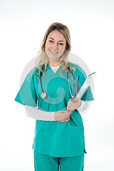 Portrait of successful smiling female doctor with stethoscope and clipboard isolated on white