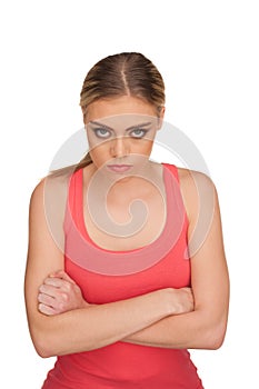 Portrait of a sulking woman on white background