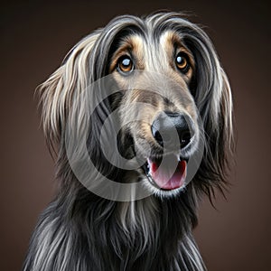 Portrait of a surprised Afghan Hound dog on solid color background. ai generative