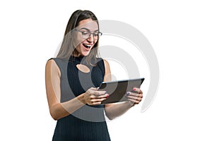 Portrait of surprised business woman with digital tablet