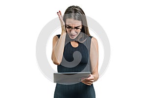 Portrait of surprised business woman with digital tablet