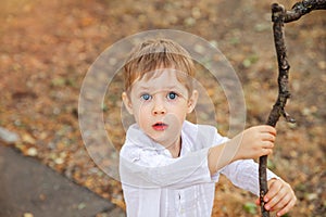 Portrait of surprised cute little toddler boy child. Facial expression