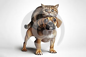 Portrait of surprised Dog with cat on top of its head with bulging big eyes on solid white background. ai generative