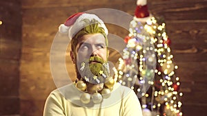 Portrait of surprised and funny man. Gift emotions. Solid Santa Claus man with beard and mustache. Funny people
