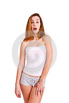 Portrait of surprised girl on white background