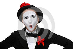Portrait of the surprised mime with open mouth