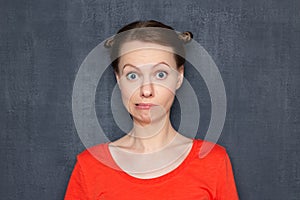 Portrait of surprised perplexed woman looking like stupid user