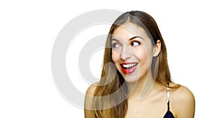 Portrait of surprised woman with mouth open looking away isolated on a white background