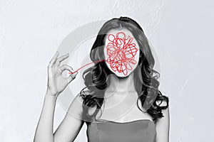Portrait of surreal faceless lady collage abstract woman untangle mess in head to solve mental problems isolated on gray