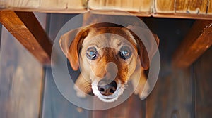 Portrait of sweet hungry dog looking up asking for food with cute eyes