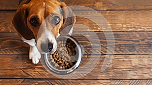 Portrait of sweet hungry dog looking up asking for food with cute eyes