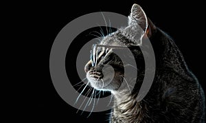 Portrait of a tabby cat in glasses on a black background