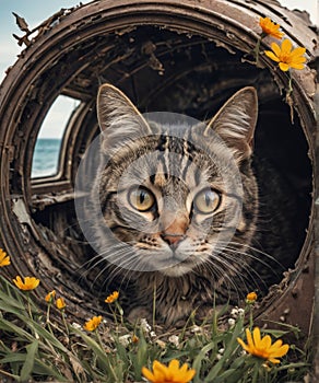 Portrait of a tabby cat lying on the ground with yellow flowers