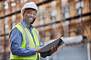 Portrait, tablet and a black man construction on a building site for planning, architecture or development. Smile