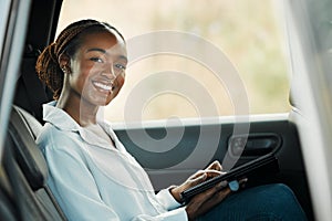 Portrait, tablet and a business black woman a taxi for transport or ride share on her commute to work. Smile, technology