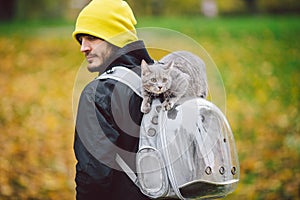 Portrait of tall young Caucasian happy man outdoor playing with gray funny handsome kitten sits on his back on transparent cat