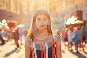 Portrait of a tanned woman in dress walking down the street.In the background, the sunset light and people in a blur. Concept of