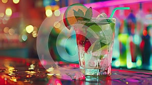 Portrait with tasty and fresh alcohol cocktail, Mojito in glass with ice and lime slice over blue background in neon glow