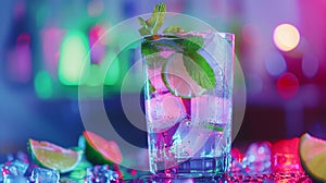 Portrait with tasty and fresh alcohol cocktail, Mojito in glass with ice and lime slice over blue background in neon glow