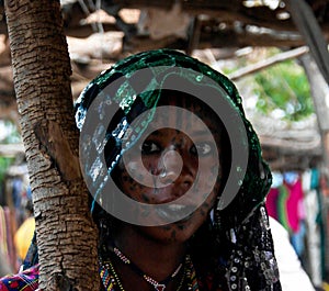 Portrait of tattooed Mbororo aka Wodaabe tribe woman, Poli, Cameroon