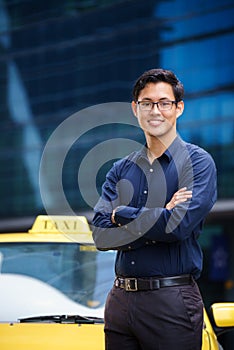 Portrait taxi driver smile car driving happy