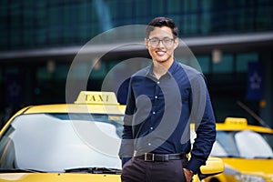 Portrait taxi driver smile car driving happy