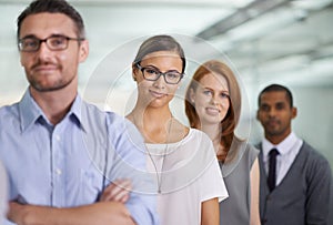 Portrait, team and confident business woman in office or workplace with arms crossed. Face, diversity and group of