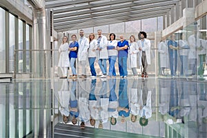 Portrait of team of doctors, full length with reflection. Healthcare team with doctors, nurses, professionals in medical