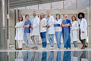 Portrait of team of doctors, full length with reflection. Healthcare team with doctors, nurses, professionals in medical