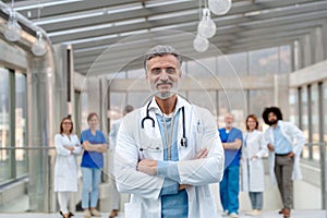 Portrait of team of doctors. Healthcare team with doctors, nurses, professionals in medical uniforms in hospital.